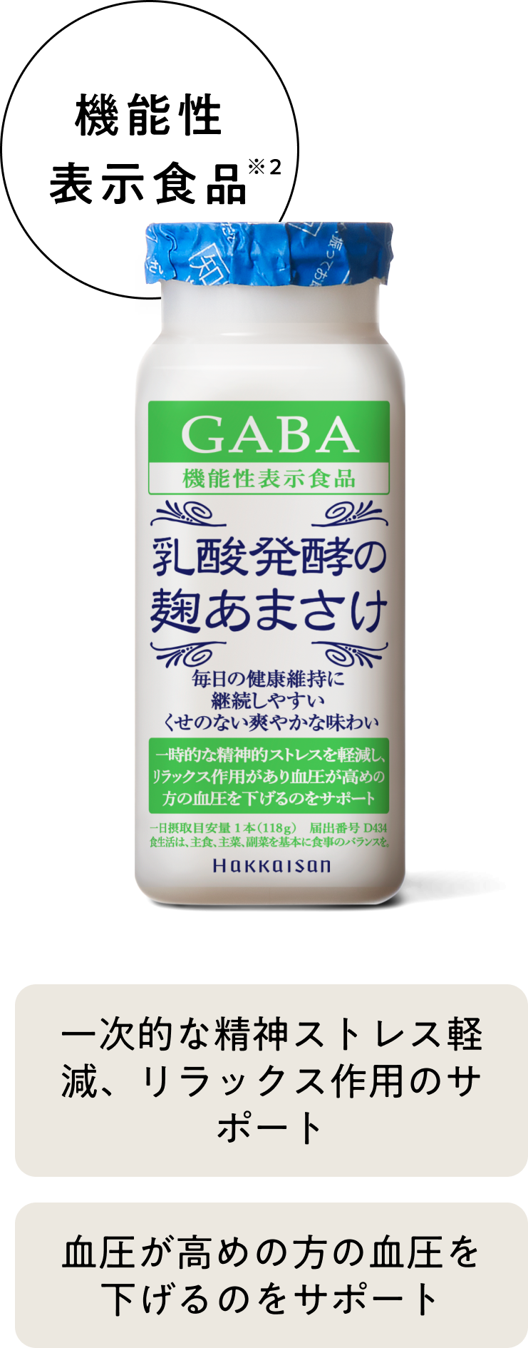 機能性表示食品※2 一次的な精神ストレス軽減、リラックス作用のサポート 血圧が高めの方の血圧を下げるのをサポート